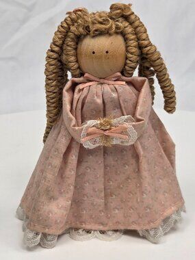 Doll with Round Wooden Head and Ringlets, Body is Wooden 7" tall